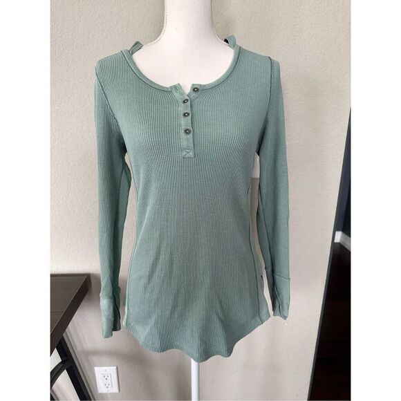 Columbia Hooded Long Sleeve Waffle Thermal Sage Top Medium - Picture 1 of 5